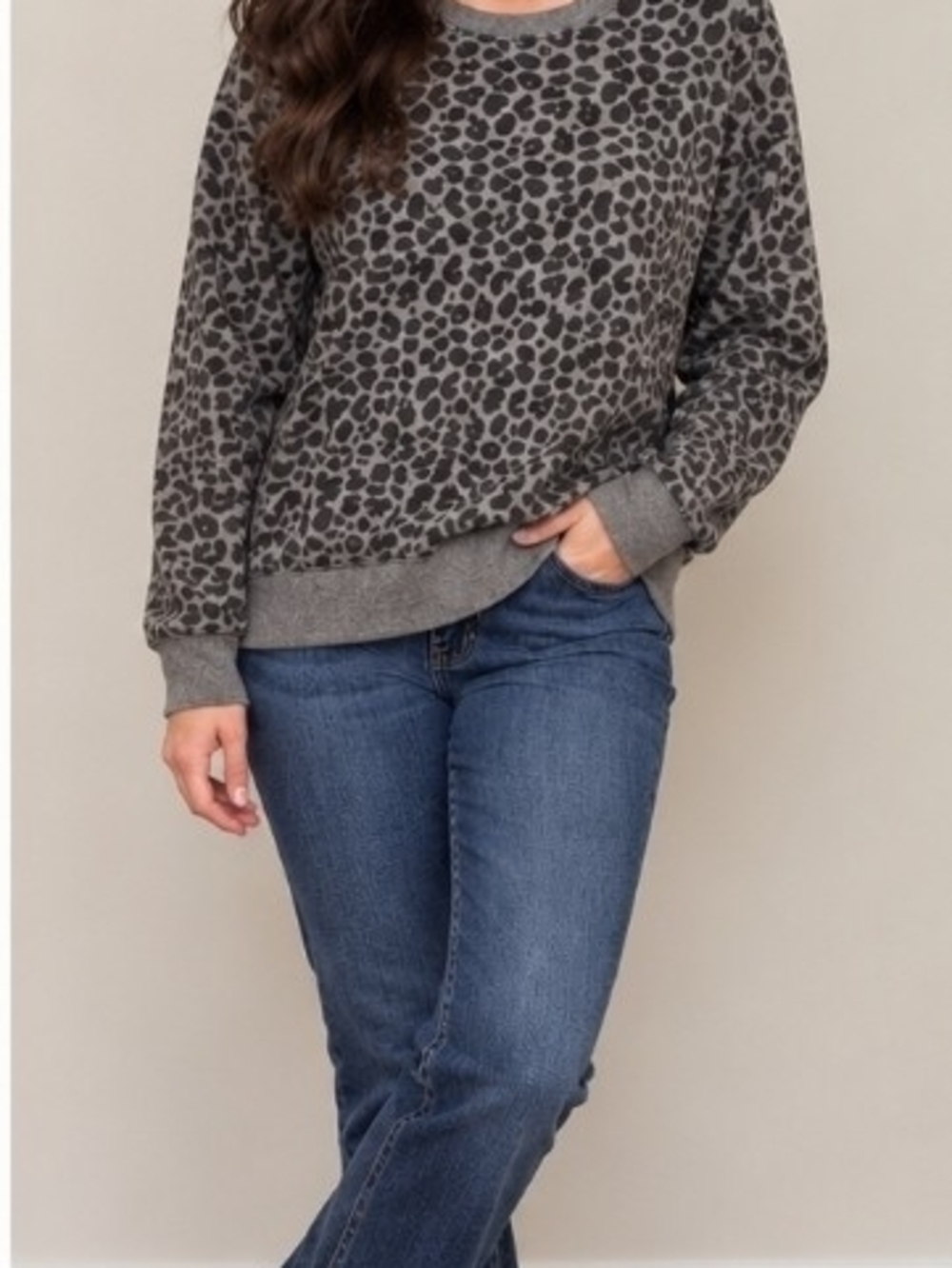 Avia Gray Leopard Crew Neck Pullover Sweater